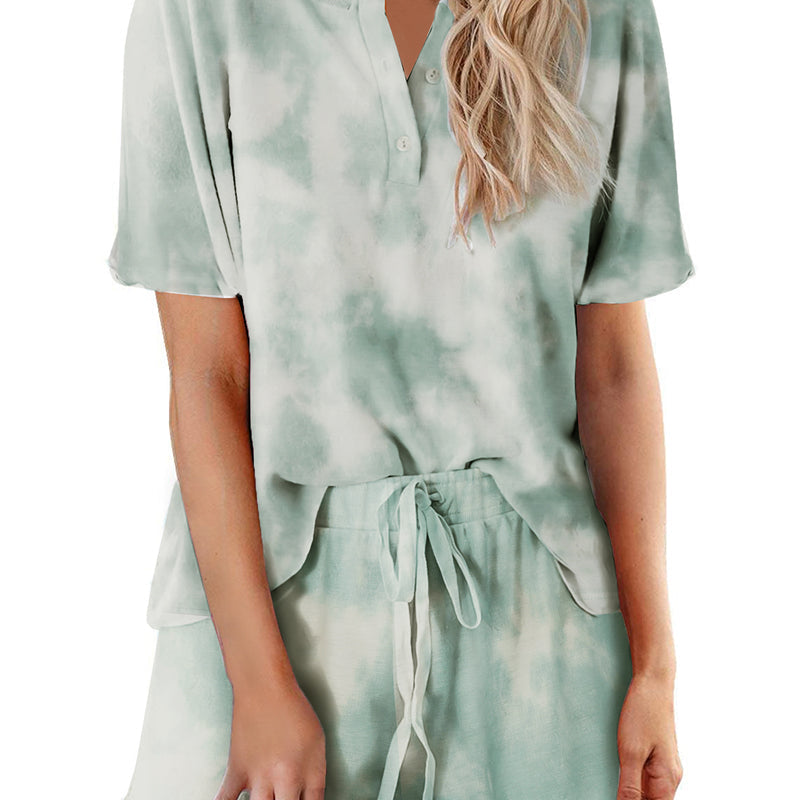 Women’s mint tie-dye pajama set with short-sleeve button-up top and matching drawstring shorts