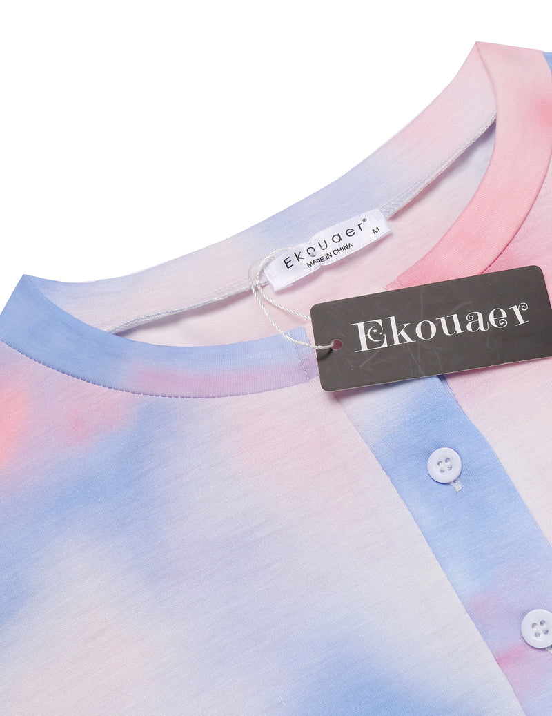 Ekouaer pajama neckline close-up: button placket with pastel tie-dye fabric.
