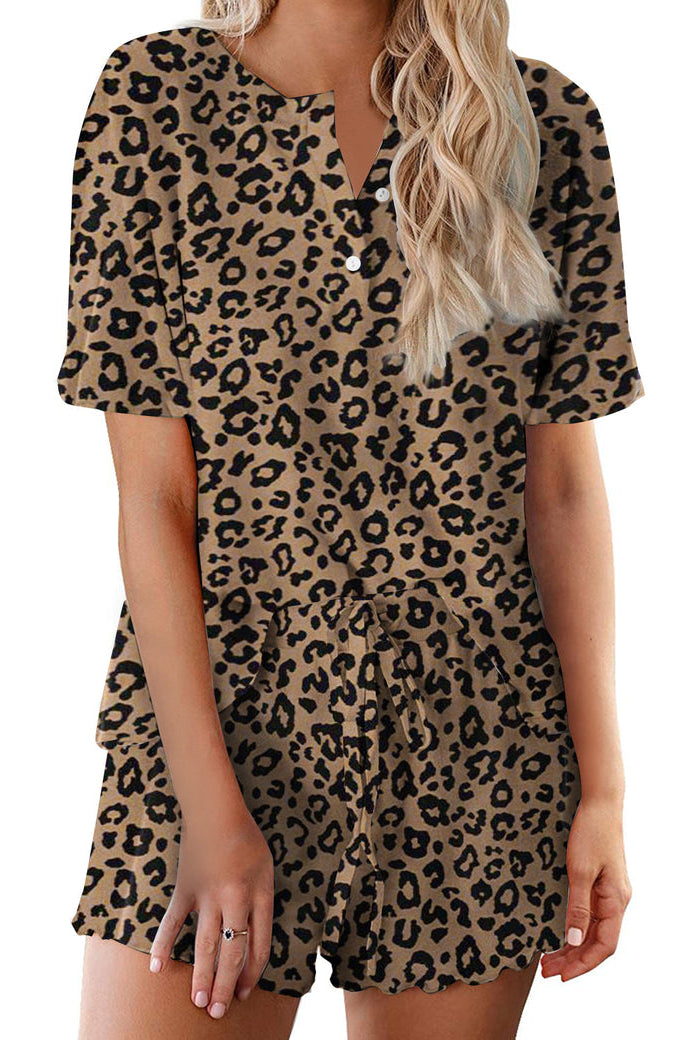 Leopard print short-sleeve pajama set with button front top and drawstring shorts