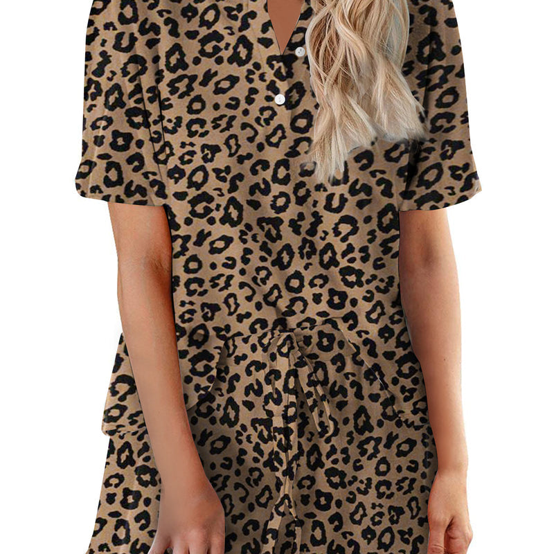 Leopard print short-sleeve pajama set with button front top and drawstring shorts
