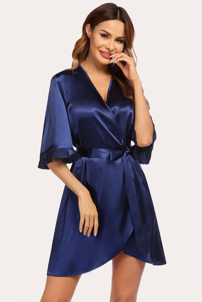 Navy blue satin half-sleeve robe with V-neck wrap, tie belt, and side slit hem.
