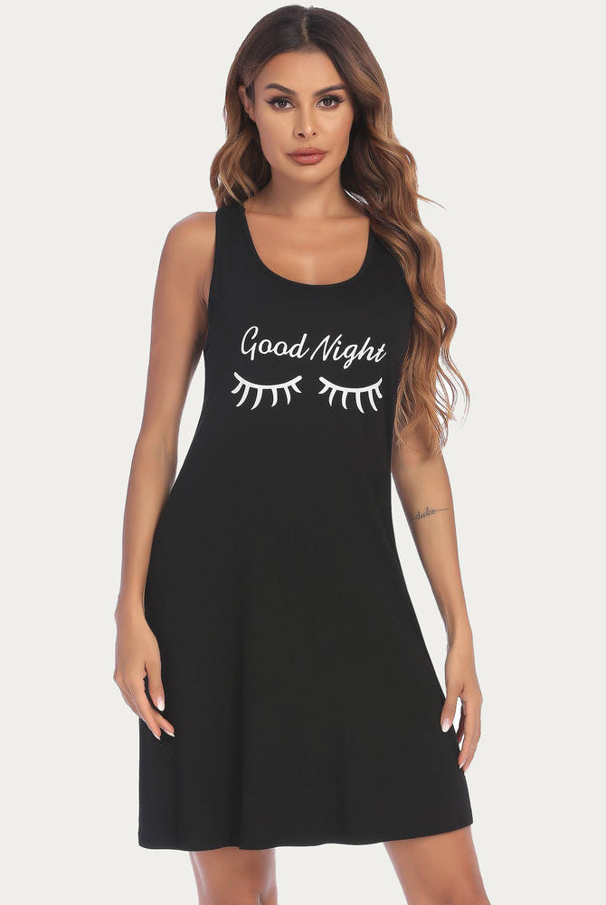 Black Good Night print racerback chemise night dress, sleeveless sleepwear for women