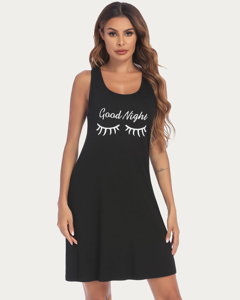 Black Good Night print racerback chemise night dress, sleeveless sleepwear for women