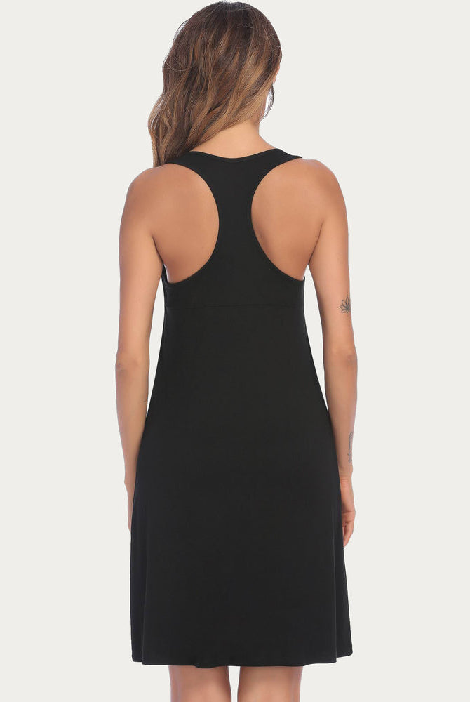 Black racerback sleep dress for women, sleeveless nightgown made from rayon blend.
