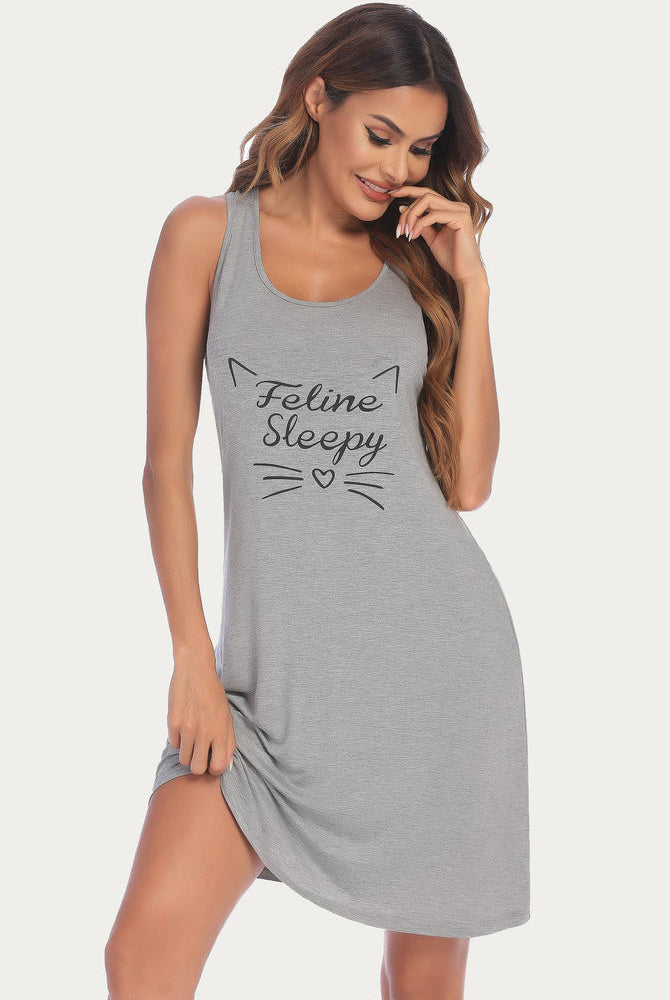 Grey racerback nightdress with Feline Sleepy print. Sleeveless sleepwear for women, rayon blend.