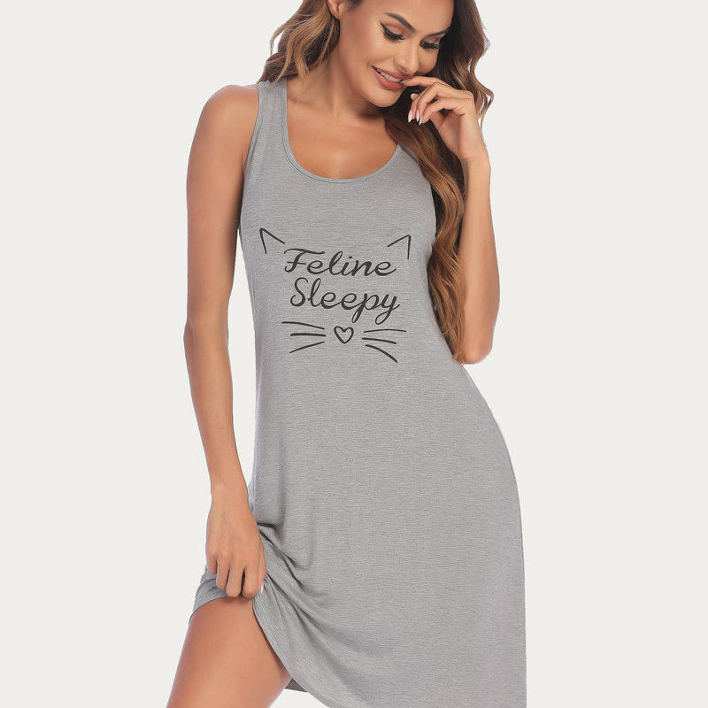 Grey racerback nightdress with Feline Sleepy print. Sleeveless sleepwear for women, rayon blend.