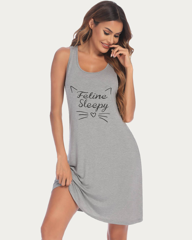 Grey racerback nightdress with Feline Sleepy print. Sleeveless sleepwear for women, rayon blend.