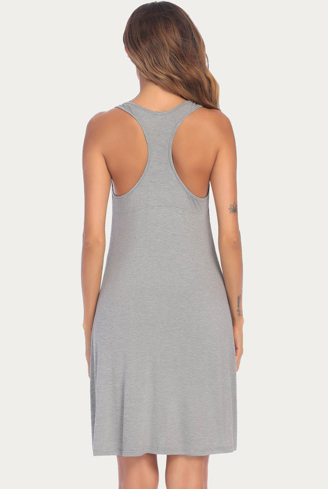Gray racerback night dress. Sleeveless sleepwear for women, soft rayon blend, comfortable nightgown.