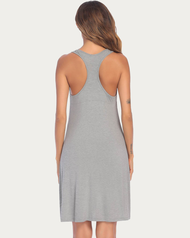 Gray racerback night dress. Sleeveless sleepwear for women, soft rayon blend, comfortable nightgown.