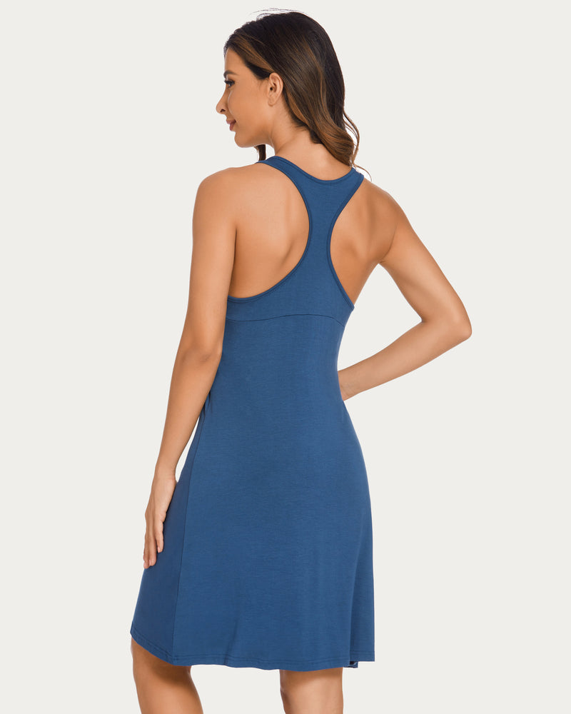 Blue racerback sleep dress, sleeveless nightgown for women, rayon blend, comfortable sleepwear.