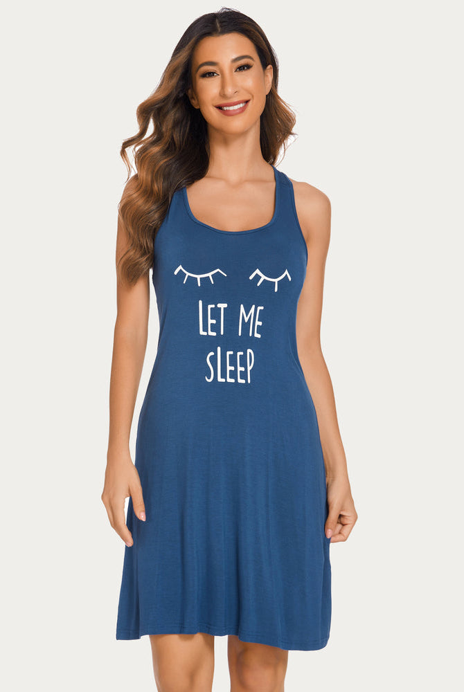 Racerback night dress with 'Let Me Sleep' print. Sleeveless rayon sleepwear for women.