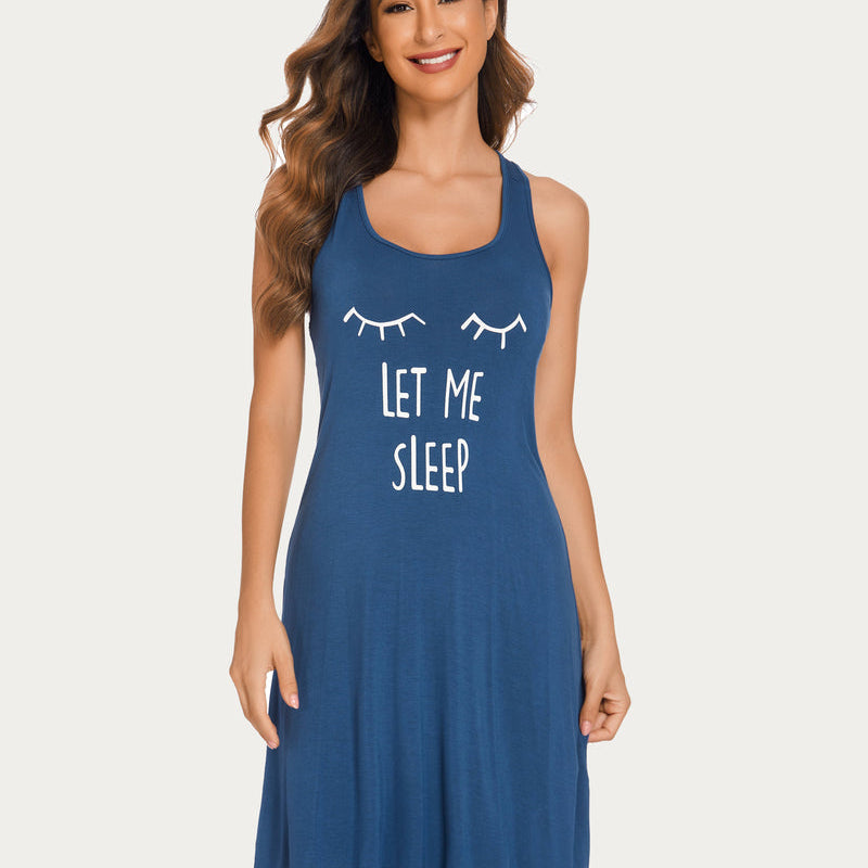 Racerback night dress with 'Let Me Sleep' print. Sleeveless rayon sleepwear for women.