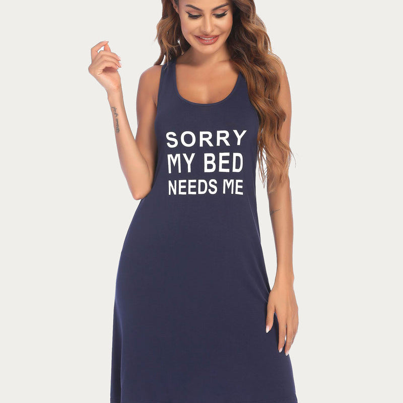 Navy racerback night dress with 'Sorry My Bed Needs Me' print. Sleeveless rayon sleepwear for women.