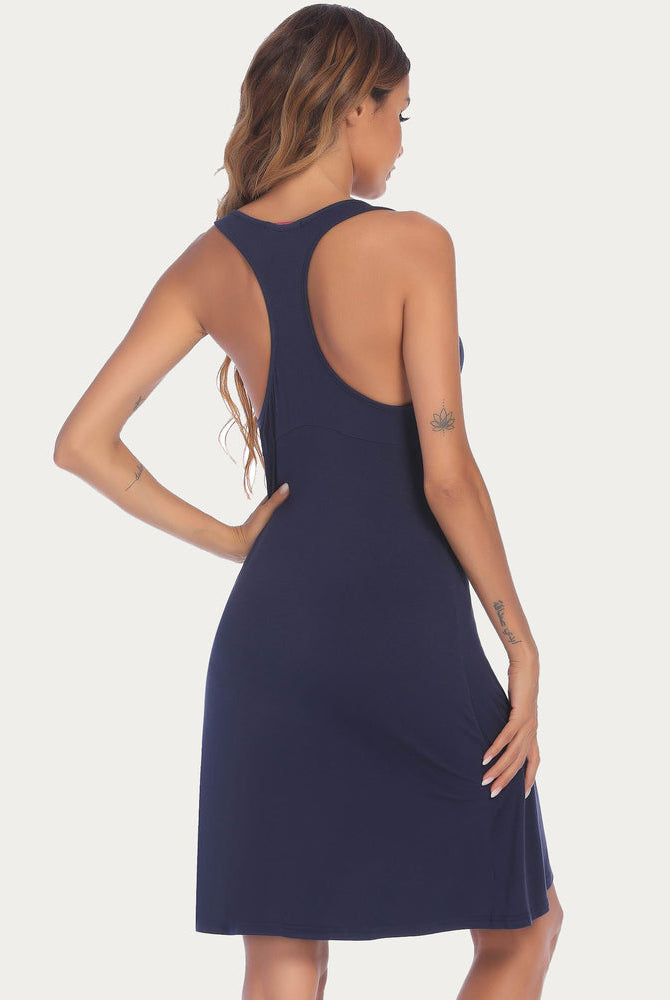 Navy racerback sleep dress for women. Comfortable sleeveless nightgown in a soft, navy rayon blend.