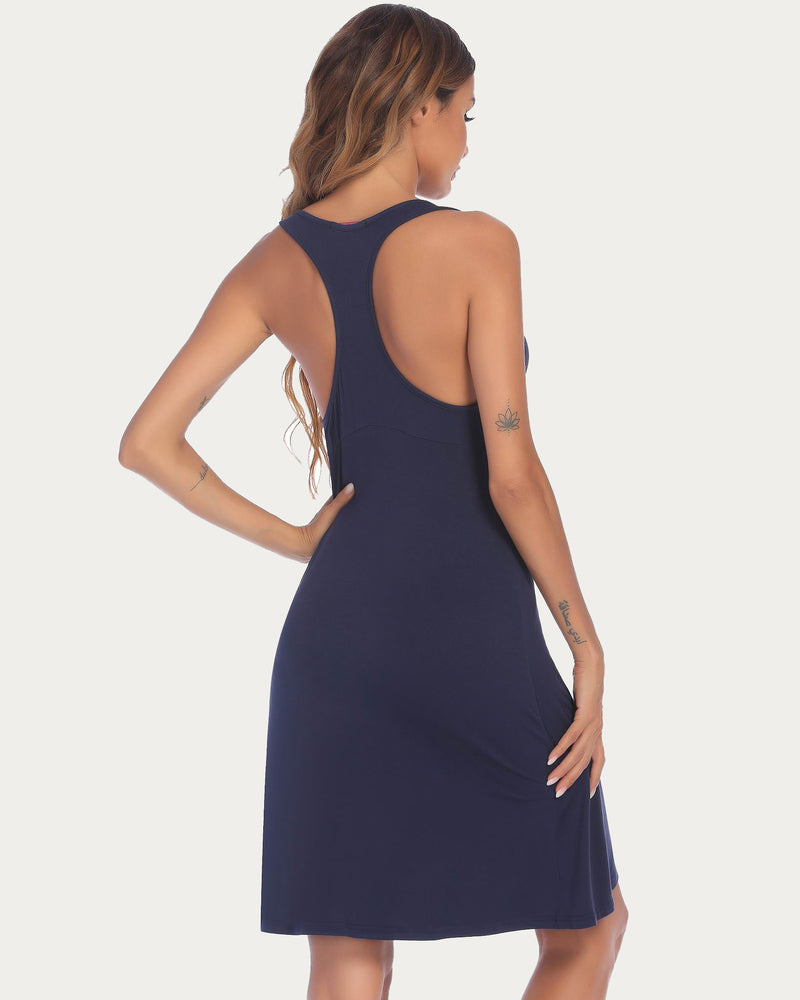 Navy racerback sleep dress for women. Comfortable sleeveless nightgown in a soft, navy rayon blend.