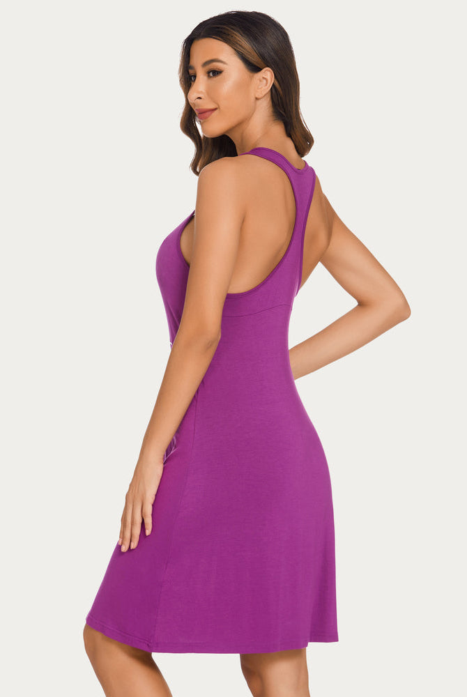 Purple racerback sleep dress. Sleeveless nightgown in a soft rayon blend for relaxed sleepwear.