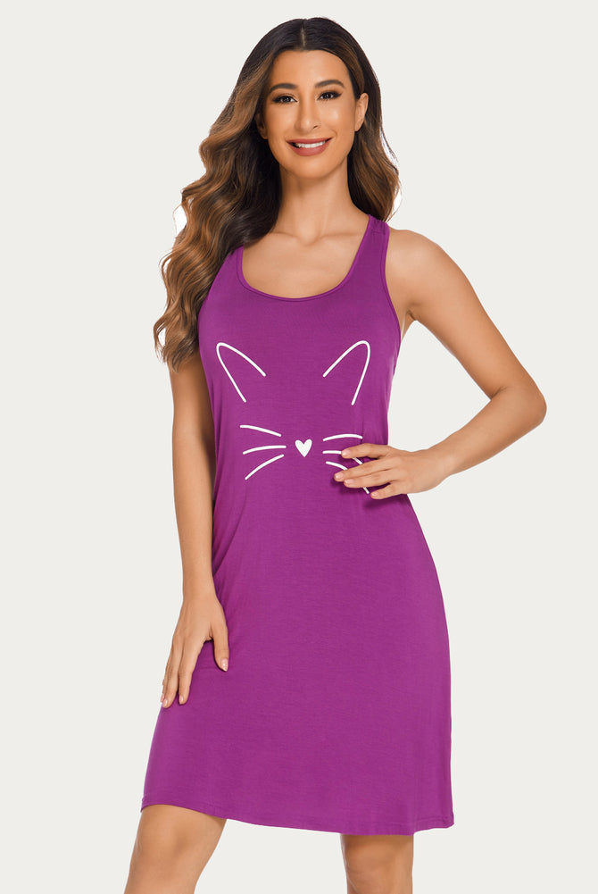 Purple cat print racerback night dress. Sleeveless sleepwear for women, soft rayon blend.