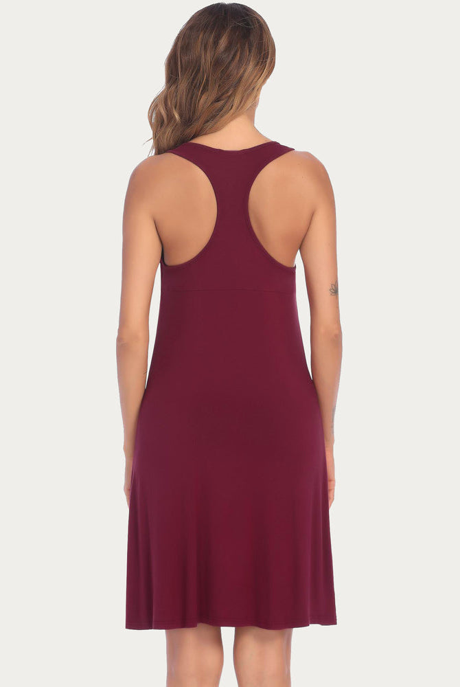 Burgundy racerback night dress for women, sleeveless rayon blend sleepwear, comfortable sleep dress.