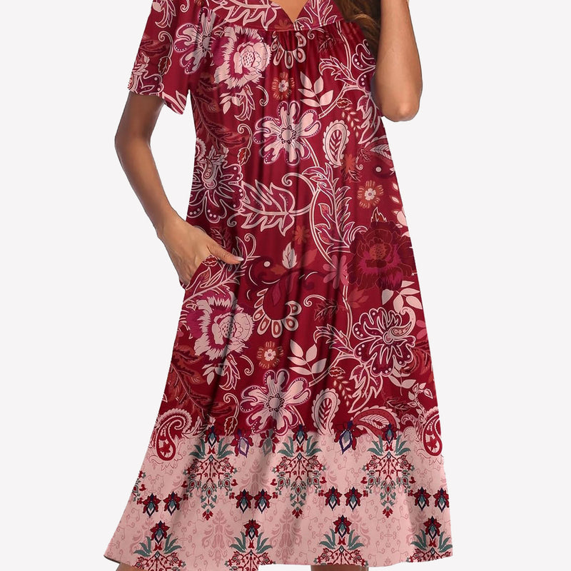 Short-sleeve lounger nightgown with burgundy and blush floral border print, V-neck and gathered chest.