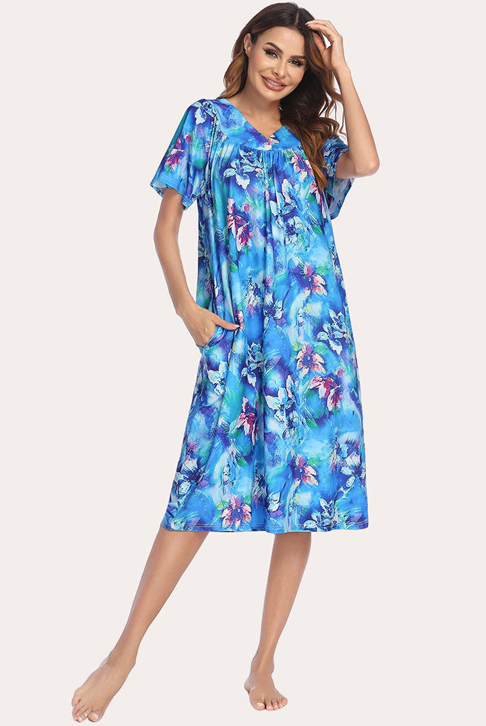Blue floral short-sleeve nightgown with V-neck and knee-length gathered silhouette
