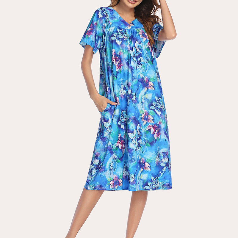 Blue floral short-sleeve nightgown with V-neck and knee-length gathered silhouette