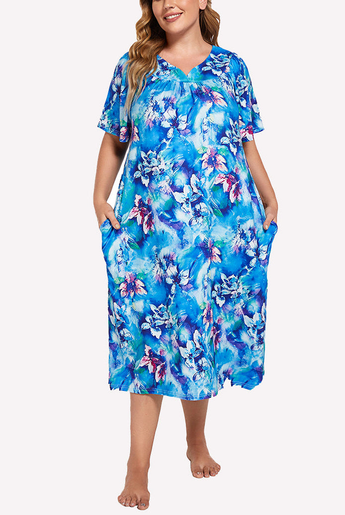 Floral short-sleeve nightgown in blue with V-neck and relaxed knee-length fit