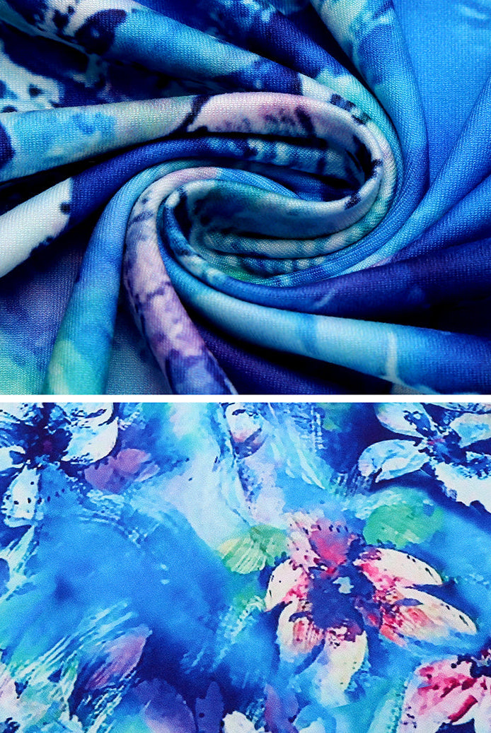 Blue floral nightgown fabric with colorful blossoms and soft drape folds
