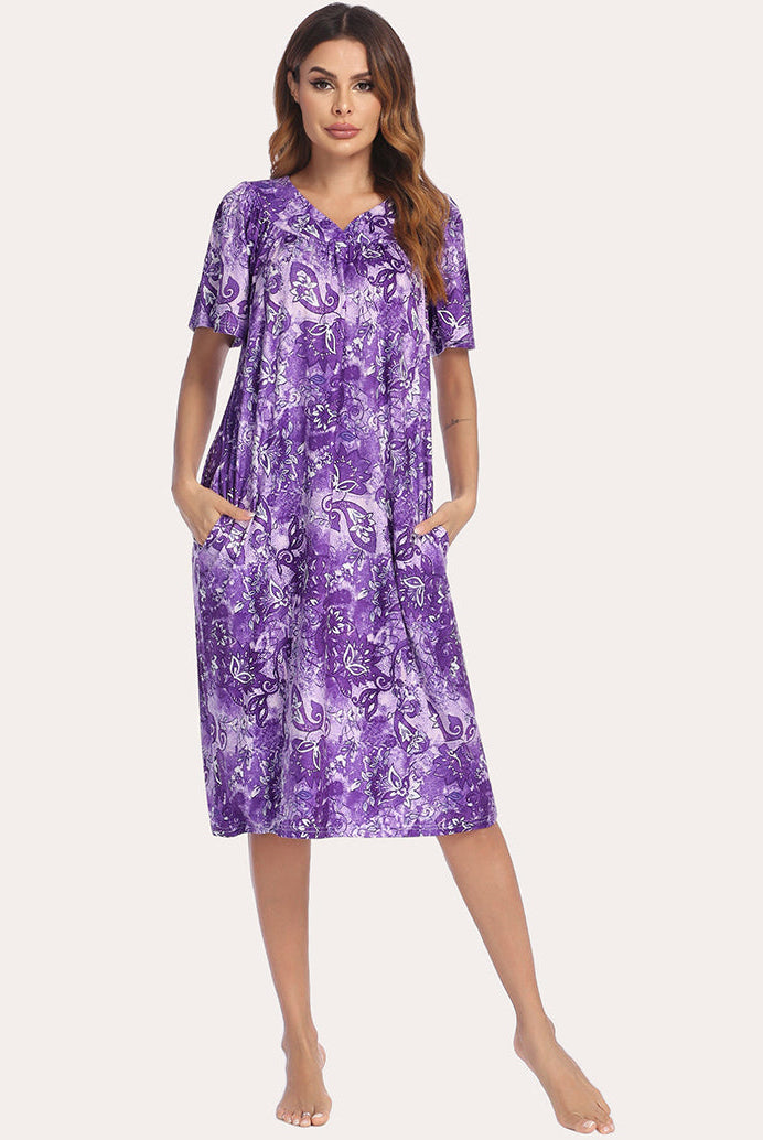 Purple short-sleeve nightgown with V-neck and allover ornate scroll print