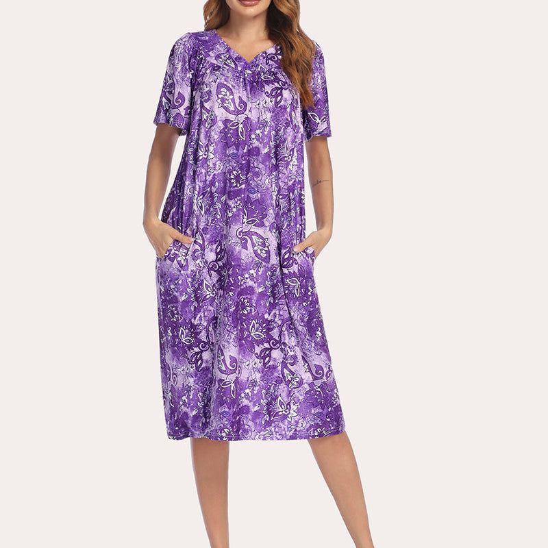 Purple short-sleeve nightgown with V-neck and allover ornate scroll print