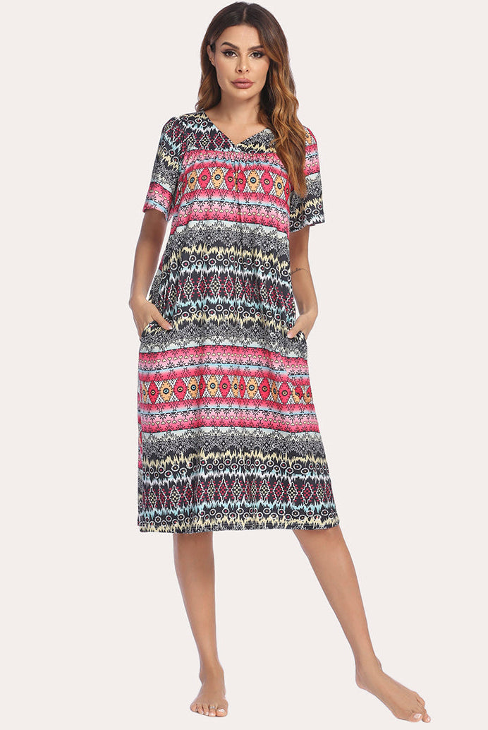 Navy short-sleeve nightgown with V-neck and colorful fair-isle stripe print