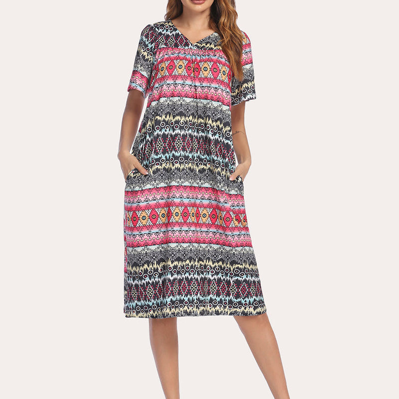 Navy short-sleeve nightgown with V-neck and colorful fair-isle stripe print