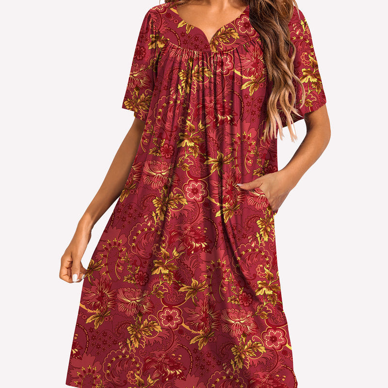 Short-sleeve lounger nightgown in dark red with gold floral baroque print, gathered V-neck.