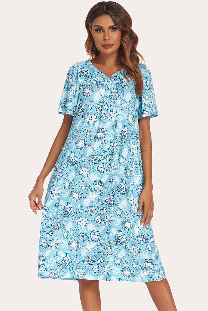 Aqua floral short-sleeve nightgown with V-neck and knee-length gathered skirt