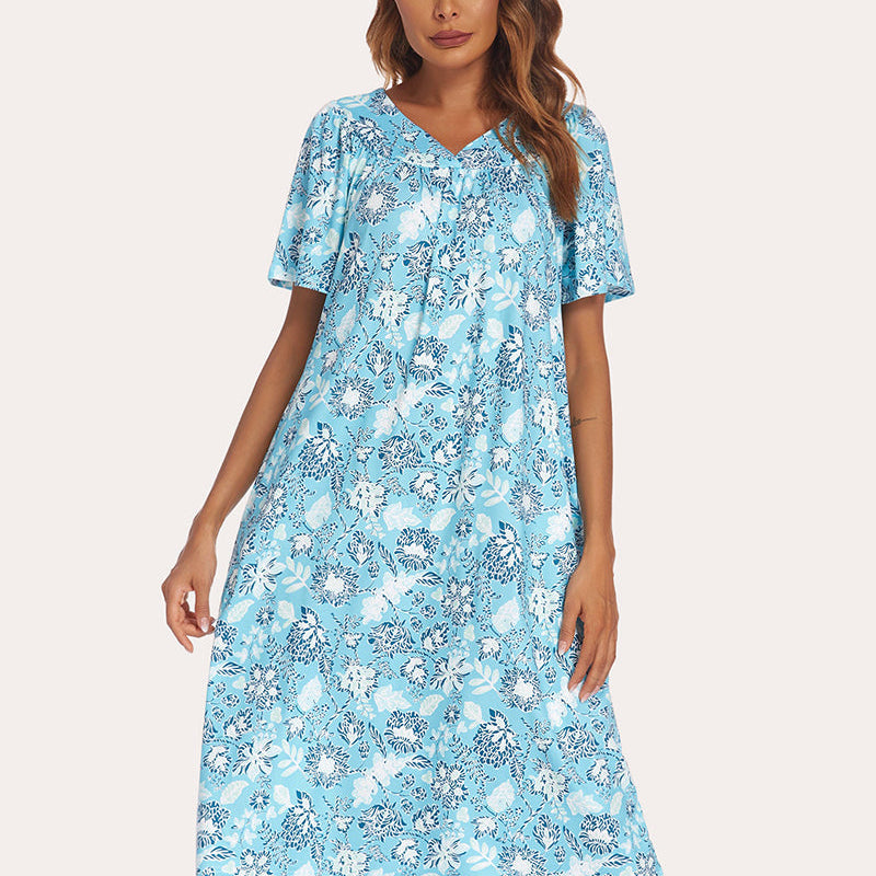 Aqua floral short-sleeve nightgown with V-neck and knee-length gathered skirt