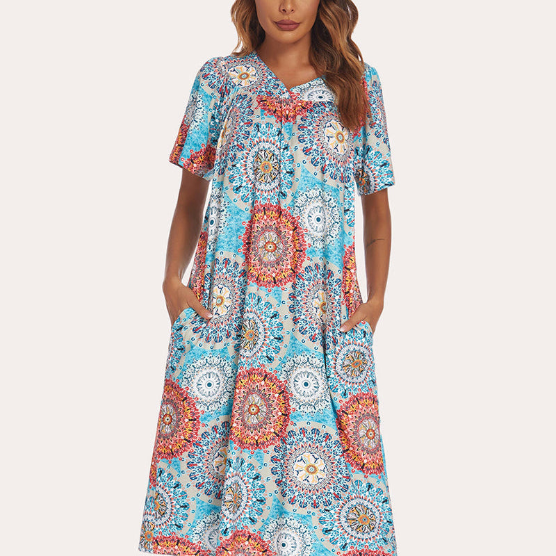 Turquoise short-sleeve nightgown with V-neck and circular medallion print