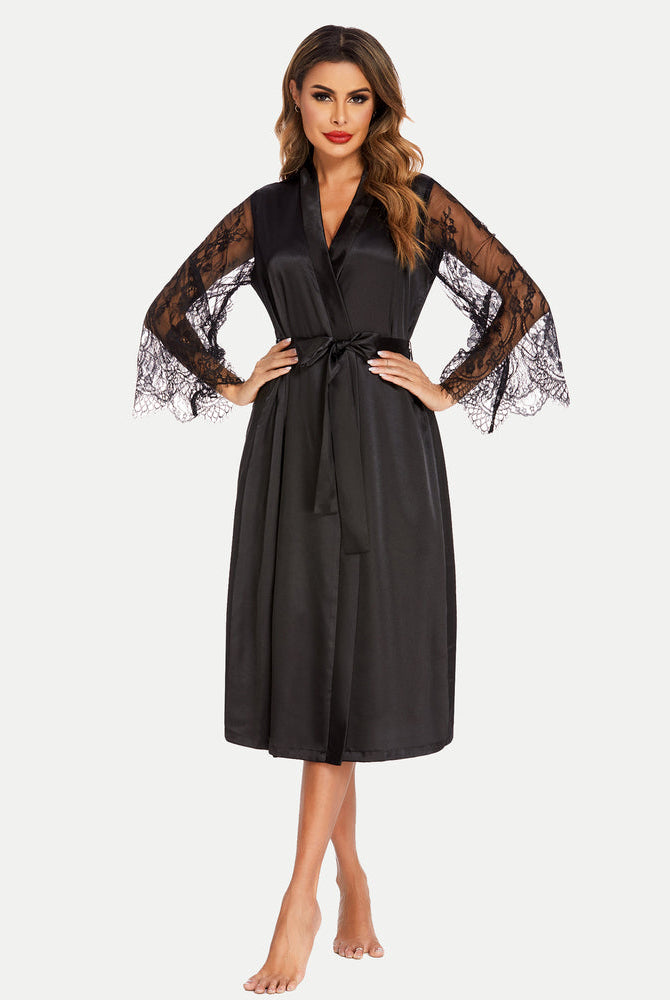 Black satin kimono robe with lace sleeves. Bride dressing gown with belt. Soft and smooth feel.