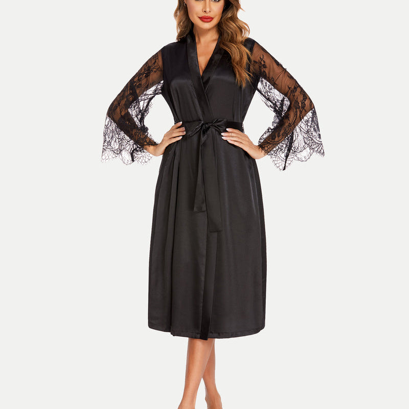Black satin kimono robe with lace sleeves. Bride dressing gown with belt. Soft and smooth feel.