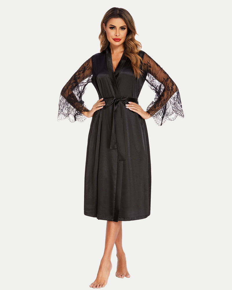 Black satin kimono robe with lace sleeves. Bride dressing gown with belt. Soft and smooth feel.