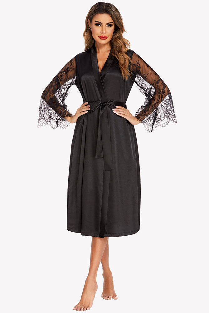 Black satin kimono robe with lace sleeves. Floral, elegant, and confident lingerie.