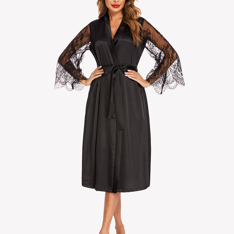 Black satin kimono robe with lace sleeves. Floral, elegant, and confident lingerie.