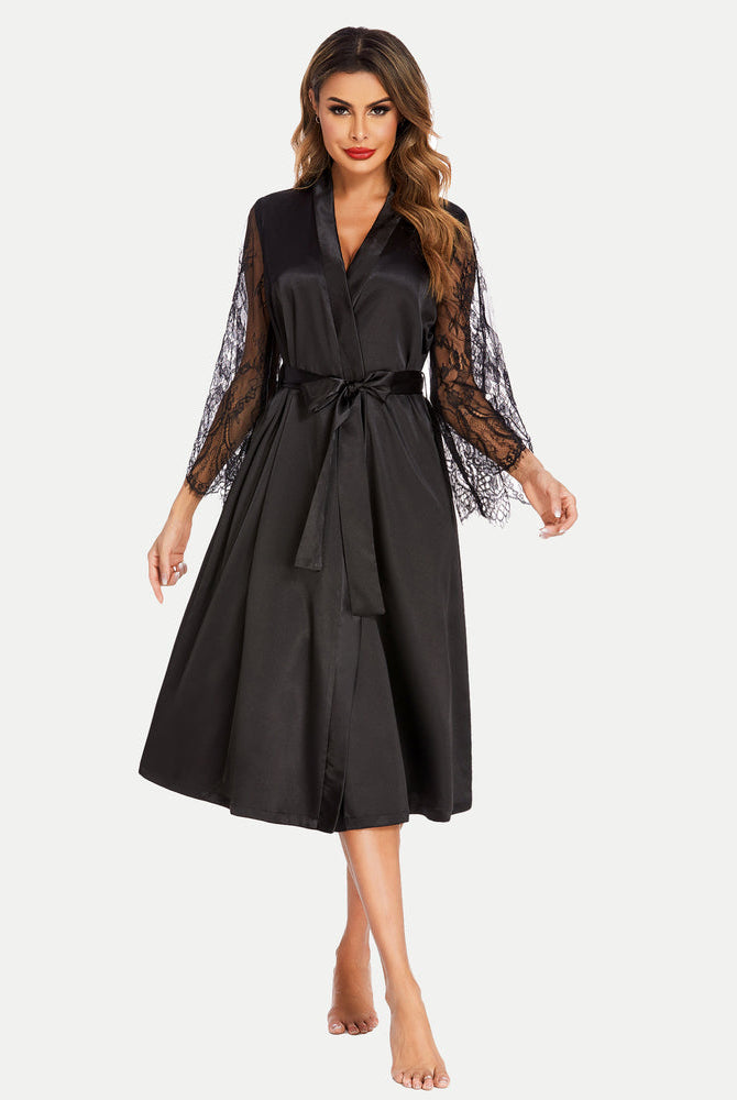 Black satin kimono robe with lace sleeves, bride dressing gown, smooth and elegant