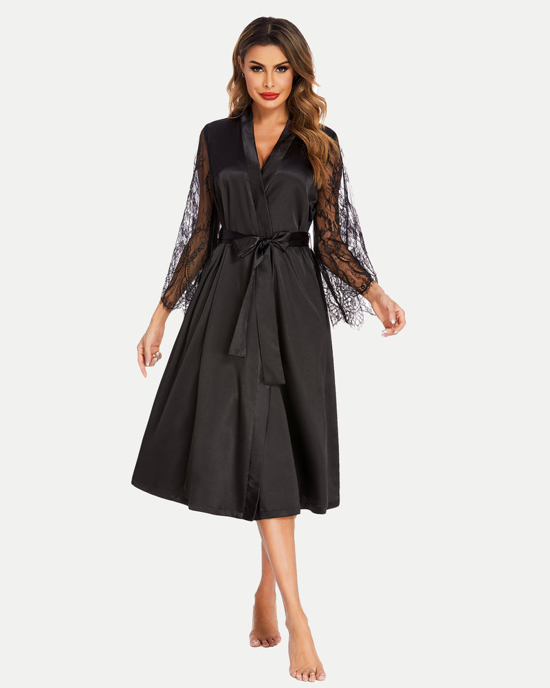 Black satin kimono robe with lace sleeves, bride dressing gown, smooth and elegant