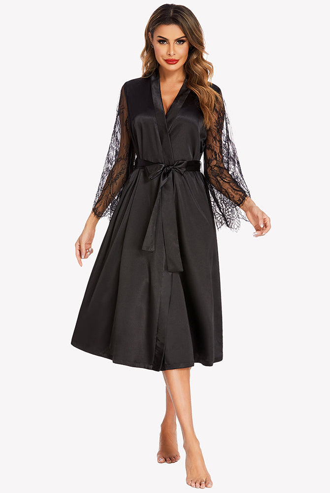 Black satin kimono robe with lace sleeves, elegant and comfortable, perfect for lounging.