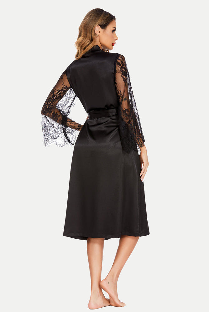 Black satin kimono robe with lace sleeves and belt. Bride dressing gown, elegant and smooth.