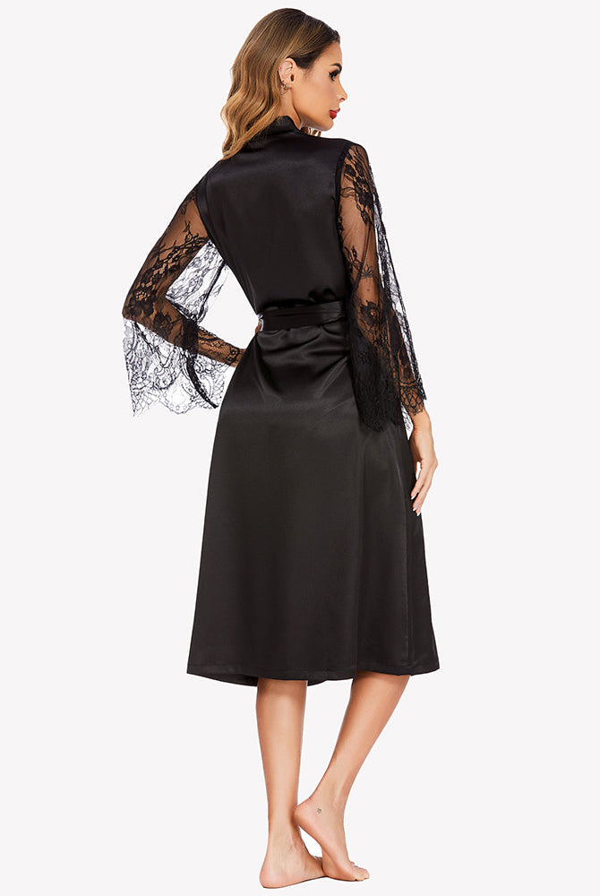 Black satin kimono robe with lace sleeves. Elegant, comfortable, perfect for lounging. Avidlove.
