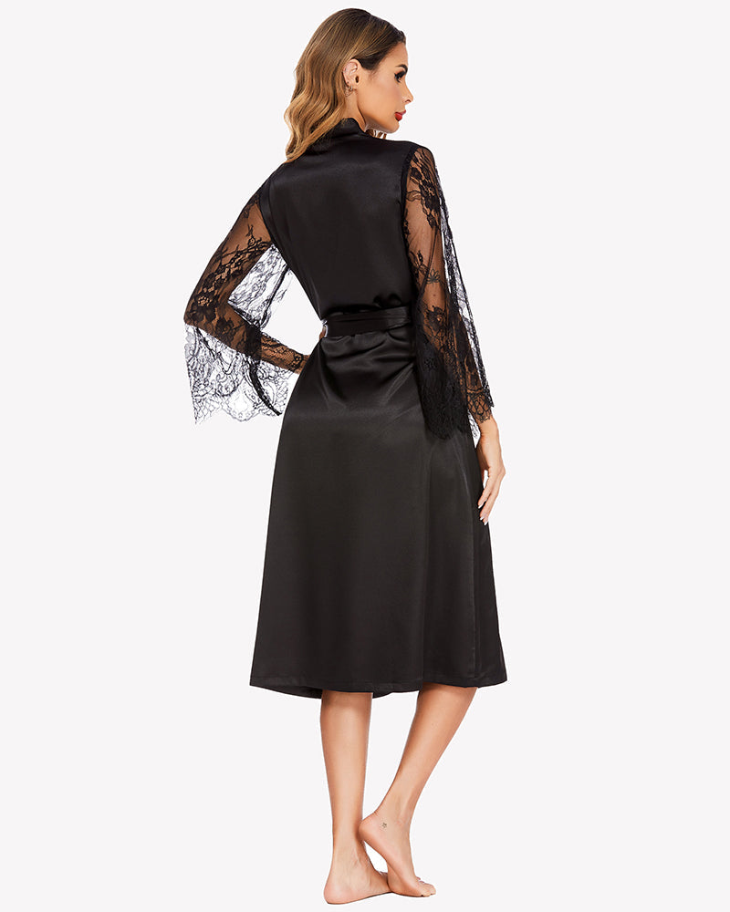 Black satin kimono robe with lace sleeves. Elegant, comfortable, perfect for lounging. Avidlove.