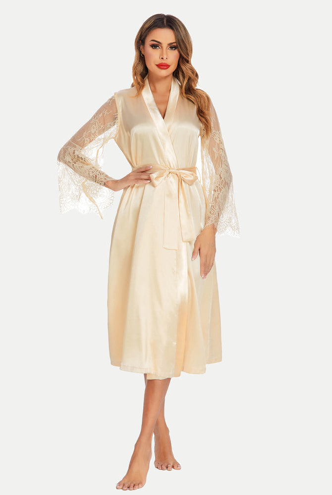 Cream satin kimono robe with lace sleeves, bride dressing gown, elegant and smooth, soft fabric