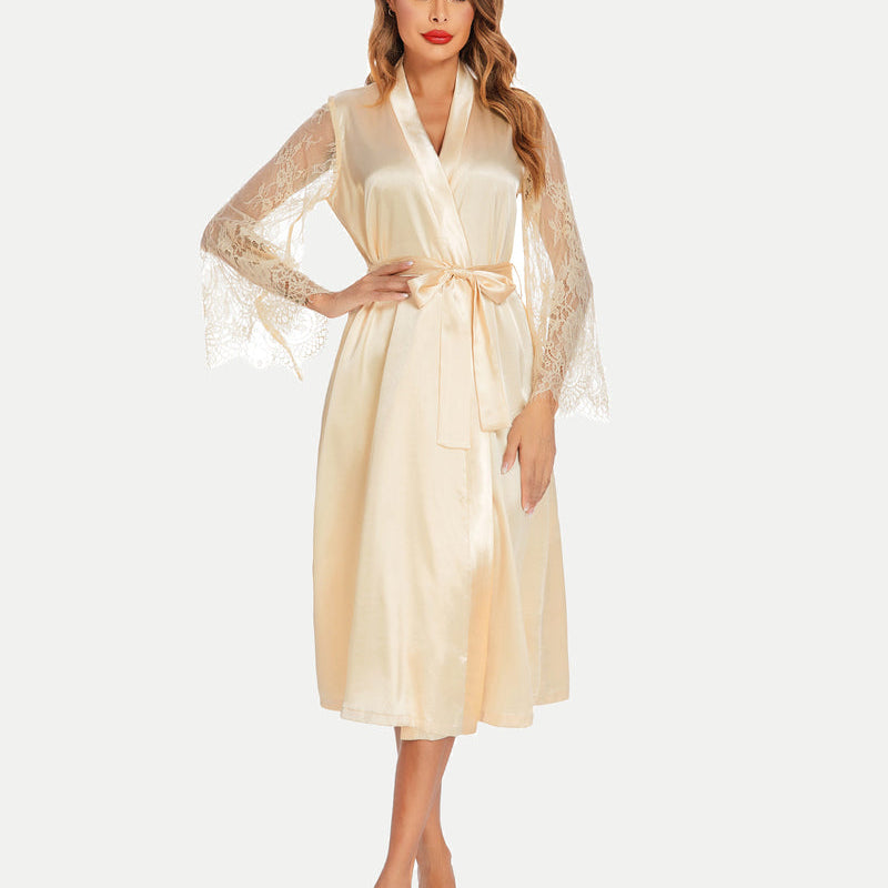 Cream satin kimono robe with lace sleeves, bride dressing gown, elegant and smooth, soft fabric