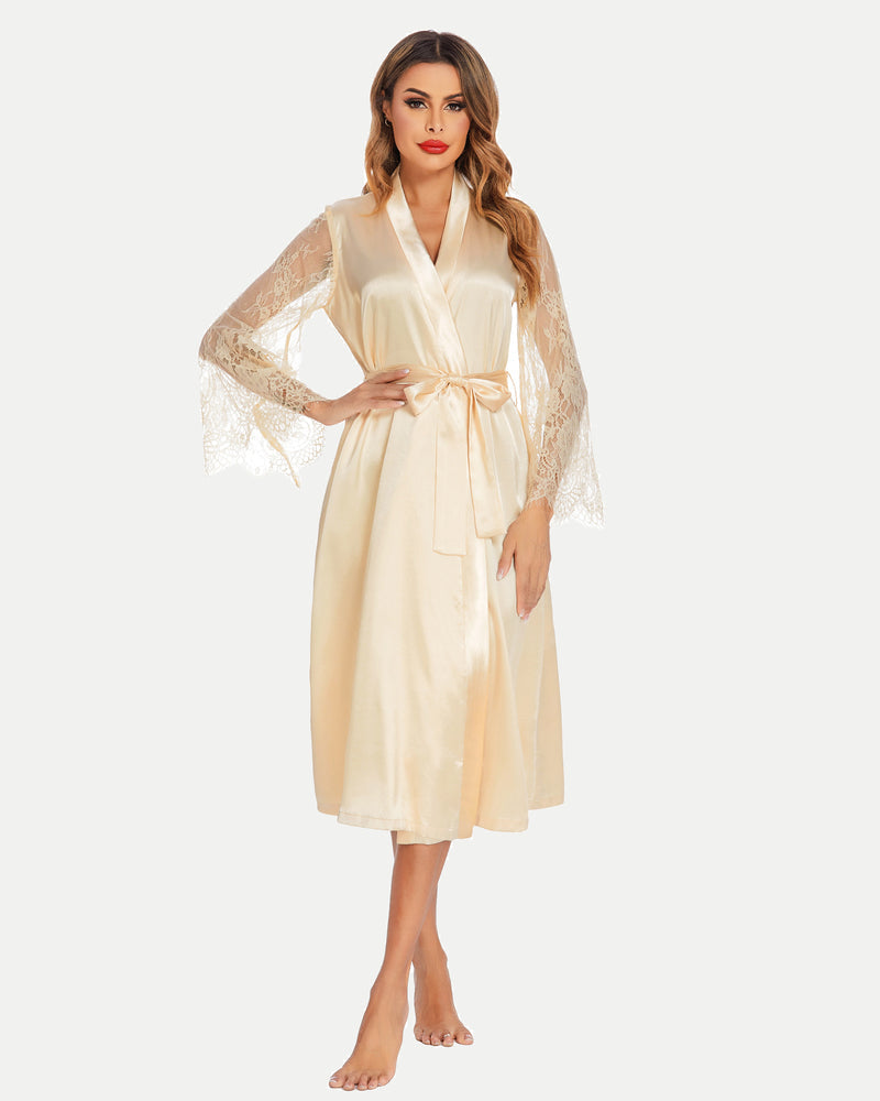 Elegant cream satin kimono robe with lace sleeves and waist tie, perfect for luxurious comfort.