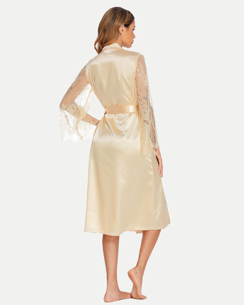 Cream satin kimono robe with lace sleeves and belt. Bride dressing gown, elegant and smooth.
